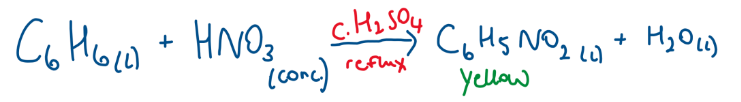 <p>HNO3 + conc H2SO4</p><p>50-60 and reflux </p>