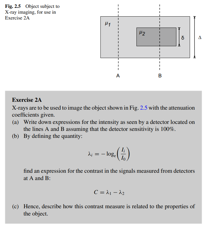 <p>1. <strong>Intensity Expressions</strong>: The intensity at detectors A and B, assuming 100% detector sensitivity, can be expressed as:</p><p>$$ I_A = I_0 e^{-\mu_1 \Delta} $$</p><p>$$ I_B = I_0 e^{-\mu_1 (\Delta - \delta)} e^{-\mu_2 \delta}, $$</p><p>   where $$ I_0 $$ is the initial intensity, $$ \mu_1 $$ and $$ \mu_2 $$ are the attenuation coefficients of the two regions, $$ \Delta $$ is the total thickness, and $$ \delta $$ is the thickness of the inner object.</p><p>2. <strong>Defining $$ \lambda_i $$</strong>: The quantity $$ \lambda_i $$ is defined as:</p><p>$$ \lambda_i = -\ln \left( \frac{I_i}{I_0} \right). $$</p><p>   For detectors A and B:</p><p>$$ \lambda_1 = \mu_1 \Delta $$</p><p>$$ \lambda_2 = \mu_1 (\Delta - \delta) + \mu_2 \delta. $$</p><p>3. <strong>Contrast Formula</strong>: The contrast $$ C $$ is given by:</p><p>$$ C = \lambda_1 - \lambda_2 = \delta (\mu_2 - \mu_1). $$</p><p>4. <strong>Relation to Object Properties</strong>: The contrast depends on the difference in attenuation coefficients ($$ \mu_2 - \mu_1 $$) and the thickness ($$ \delta $$) of the inner region. Greater differences in attenuation or a thicker inner region increase the contrast, making it easier to distinguish between the two regions.How is the contrast between two signals in X-ray imaging calculated, and how is it related to the object's properties?</p>