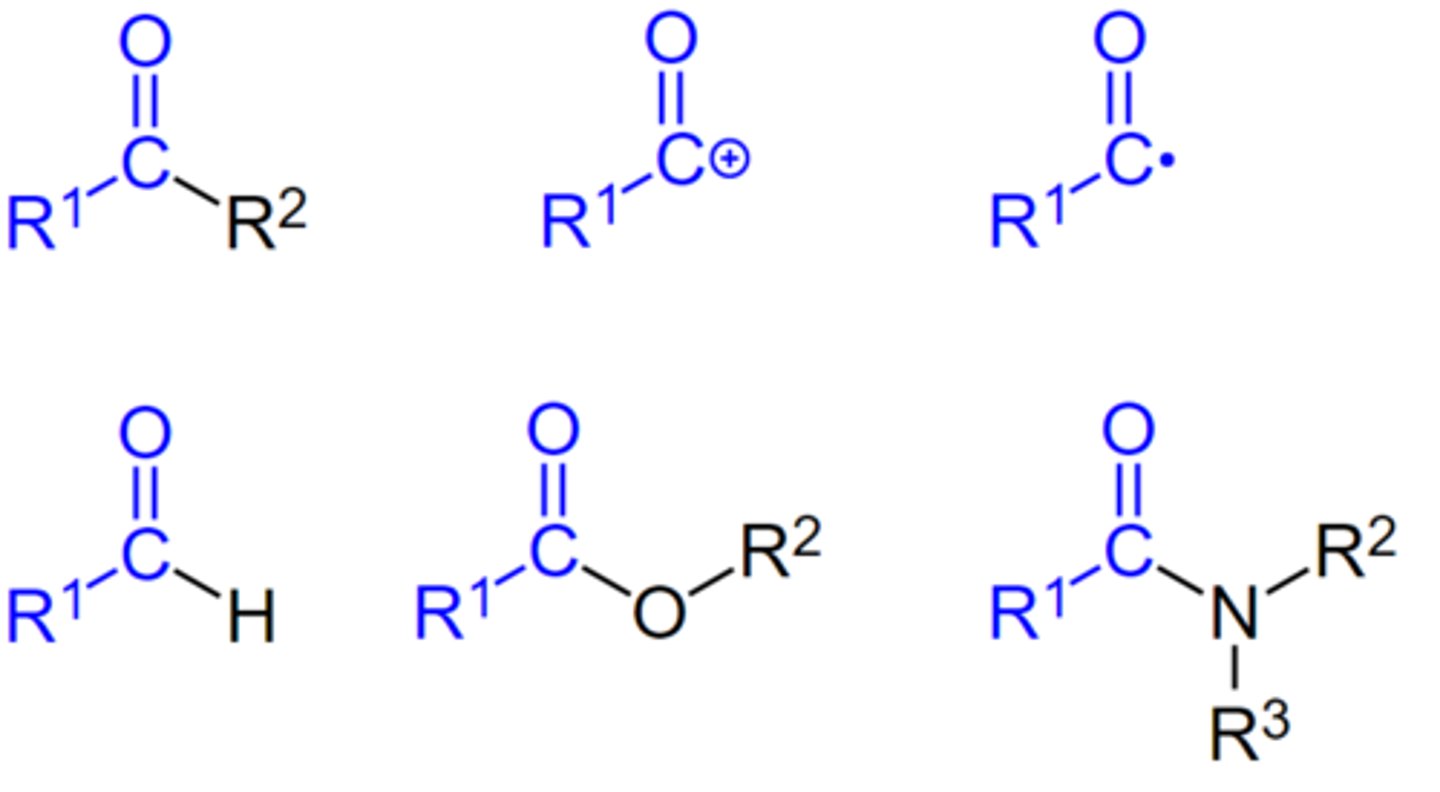 <p>a functional group derived by the removal of one or more hydroxyl groups from an oxoacid,[1] including inorganic acids. It contains a double bonded oxygen atom and an alkyl group.</p>