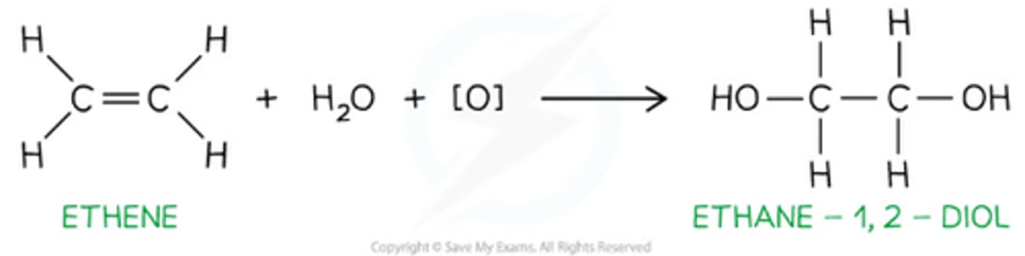 <p>- potassium manganate is a strong oxidising agent </p><p>- forms a diol with ethene → ethane-1,2-diol</p>