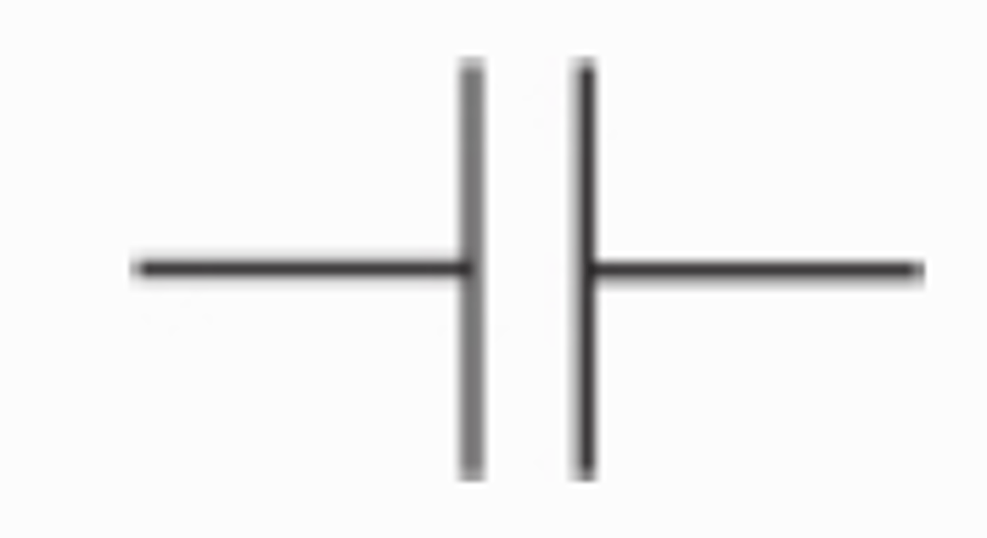 <p>Electronics Information: It is the symbol seen here.</p><p>One of these is constructed of two metal plates and is used to store electricity.</p>