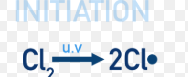 <p>Homolytic fission which forms radicals, and must be under UV light. Radicals react quickly with surrounding molecules.</p>