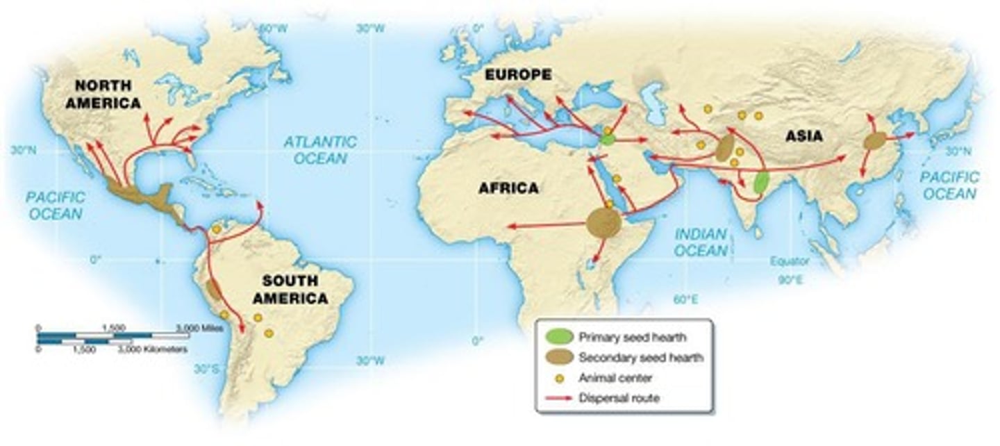 <p>Locations believed to be the first places of plant and animal domestication.</p>