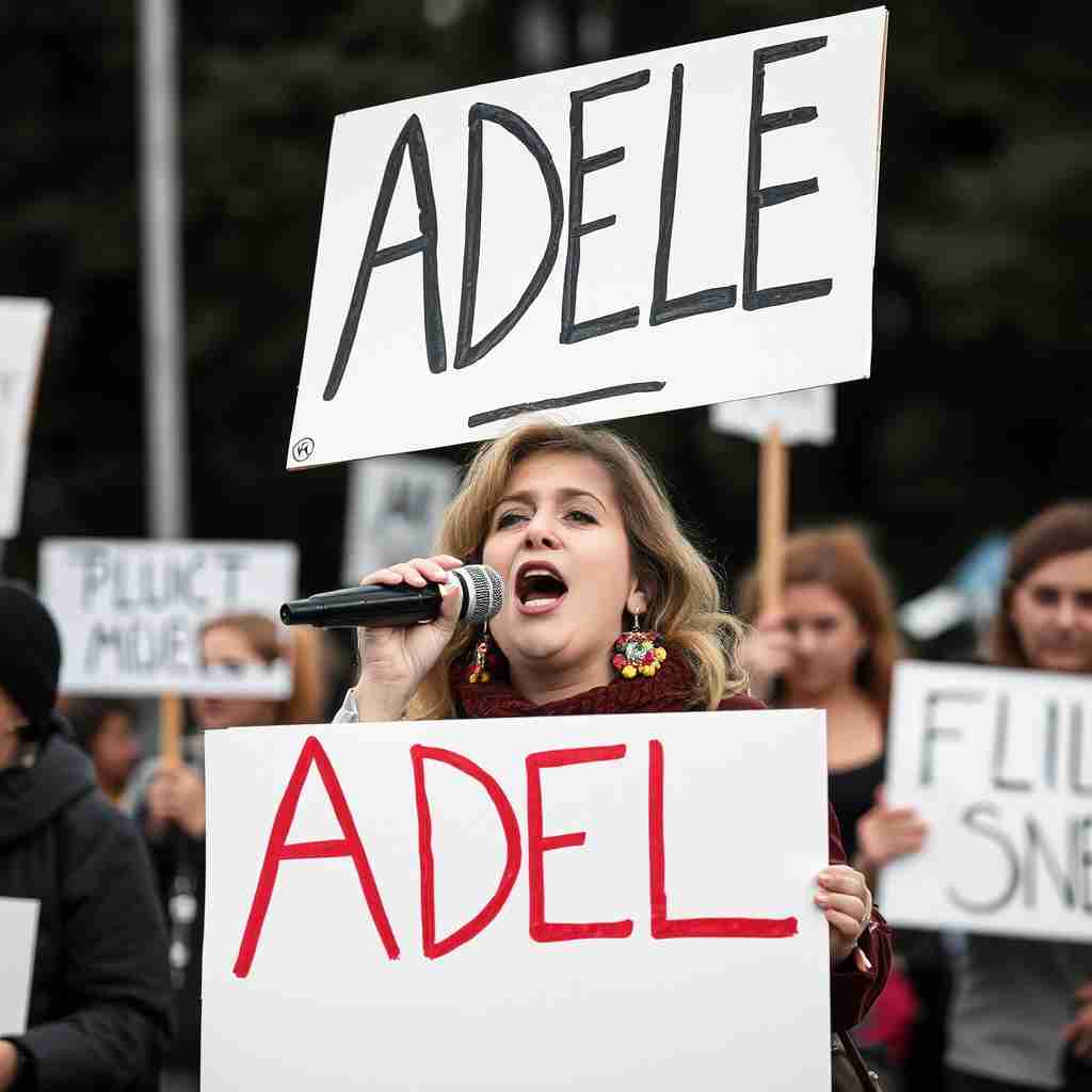 <p>Adele protesting with a sign (Adele)</p>