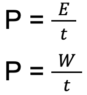 <p>power = energy transferred / time</p><p>power = work done / time</p><p>power (P) - watts (W) energy transferred (E) - joules (J) time (t) - seconds (s) work done (W) - joules (J)</p>