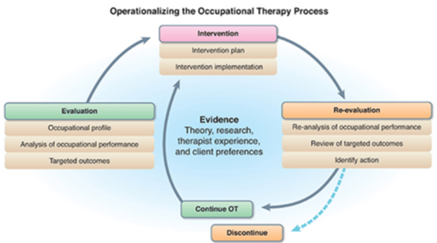 <p>1) referral</p><p>2) evaluation</p><p>- occ profile</p><p>-analysis of performance</p><p>3) intervention</p><p>- plan</p><p>- implementation</p><p>- review</p><p>4) outcomes</p><p>- engagement in occupation to support participation</p>