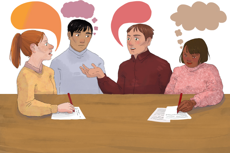 <p>(noun)</p><p>the use of words to exchange thoughts and ideas</p><p>Work Associations: Conversation, Discussion</p>