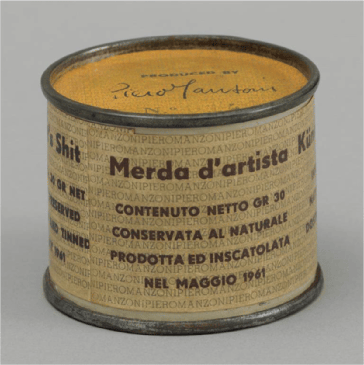 <p>Piero Manzoni, produced 90 cans with ? inside, based on father's critique of his work</p>