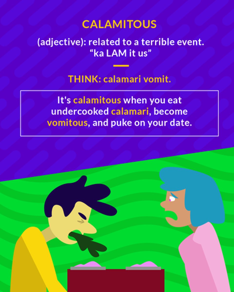 <p>(adj.) causing great misfortune</p><p class="has-focus">(adj.) related to calamity </p>