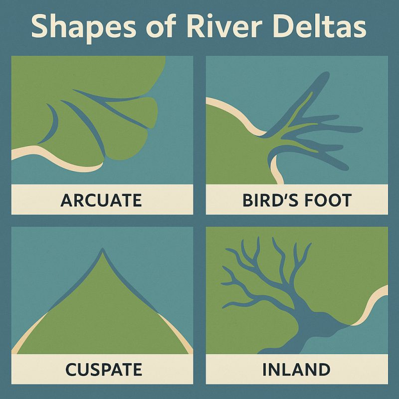 <ul><li><p class=""><span style="color: yellow"><strong>Levees</strong></span> – Raised river banks formed by flooding</p></li><li><p class=""><span style="color: yellow"><strong>Delta</strong></span> – Land built up where the river meets the sea</p><p class="">types:</p></li><li><p class=""><span style="color: blue">arcuate</span> (fan shaped)</p></li><li><p class=""><span style="color: blue">bird's foot</span></p></li><li><p class=""><span style="color: blue">estuarine</span></p></li><li><p class=""><span style="color: blue">cuspate</span></p></li><li><p class=""><span style="color: yellow"><strong>River mouth</strong></span> – Where the river flows into the sea or ocean</p><p class=""></p></li></ul><p></p>
