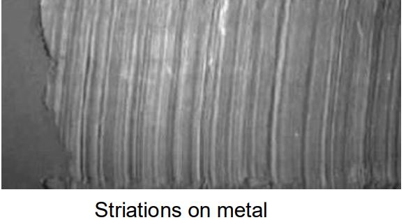 <p>When surface struck once – Either impressions e.g. when hammer strikes surface – Or striations (parallel indentations on surface) e.g. when bolt cropper cuts chain (cut once through)</p>
