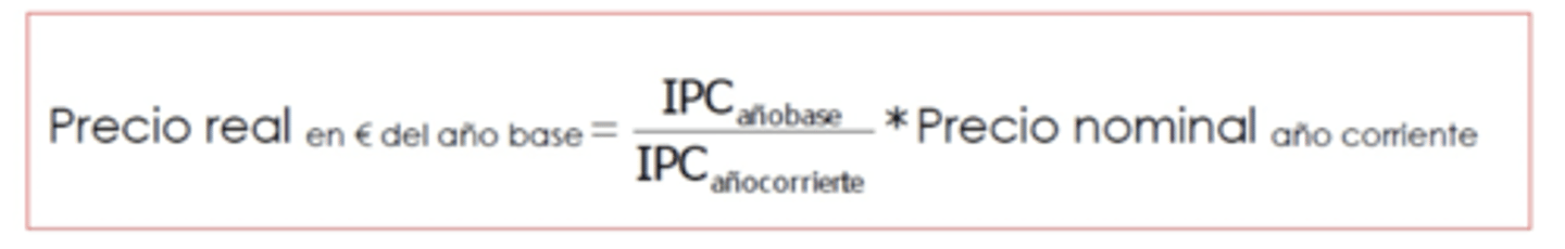 <p>IPC(año base) / IPC(año corriente) x precio nominal (año corriente)</p>