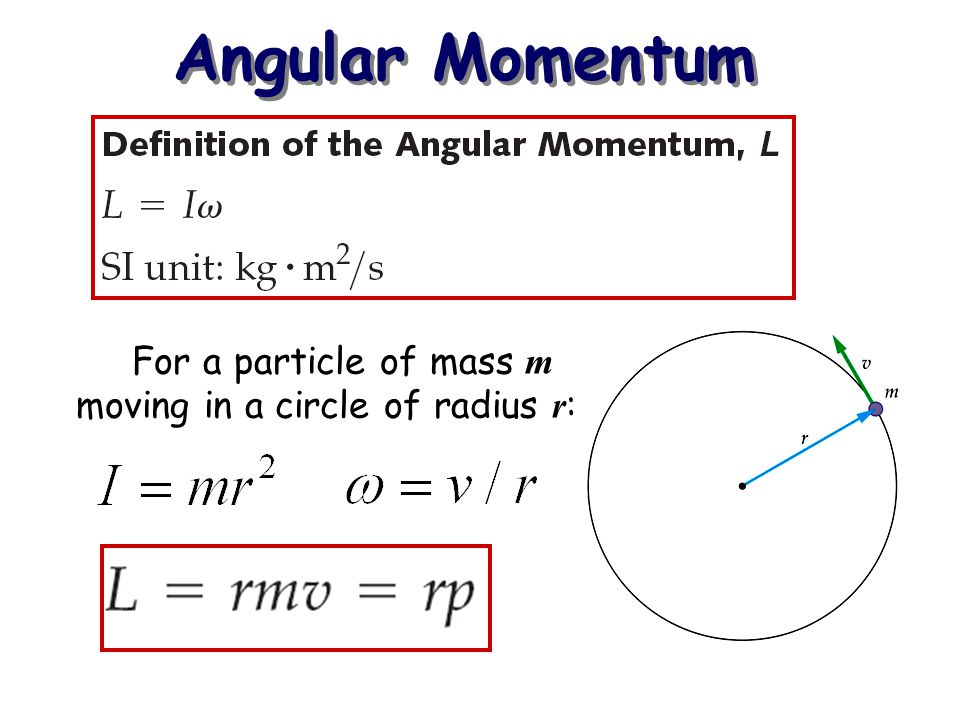 <p>- "L," measured in kgm^2/s</p><p>L = (moment of inertia)*(angular velocity, omega)</p><p>L = mvrsin(theta)</p><p>m = mass (kg)</p><p>v = velocity (m/s)</p><p>r = radius of orbit/circle (m)</p><p>theta = angle between the velocity and the radius, degrees/radians</p>