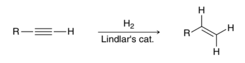 <p>Can be reduced via a Catalytic Hydrogenation reaction in the presence of a poisoned catalyst, such as Lindlar’s catalyst</p>