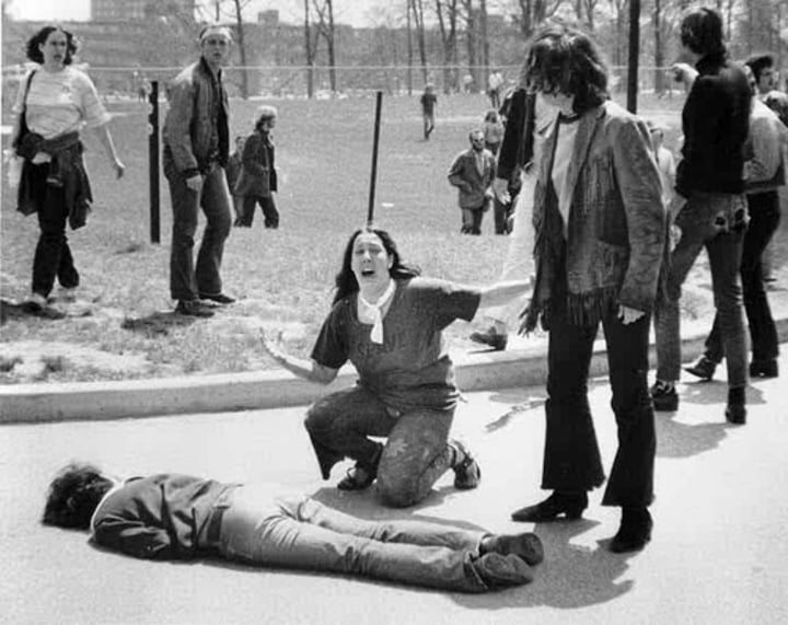 <p>Incident in which National Guard troops fired at a group of students during an antiwar protest at Kent State University in Ohio, killing four people.</p>
