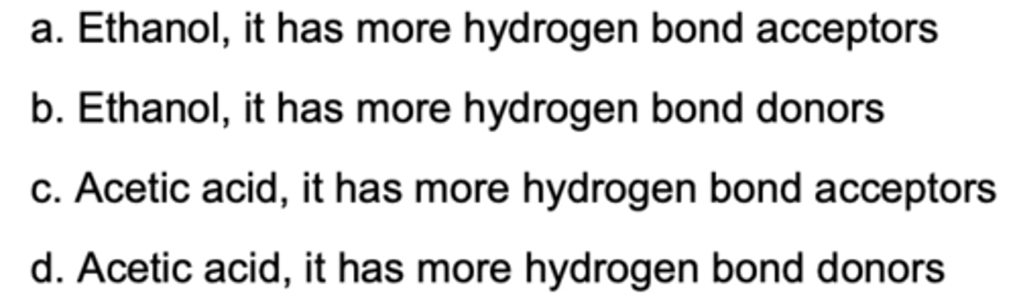 <p>Which is more soluble in water: ethanol or acetic acid</p>