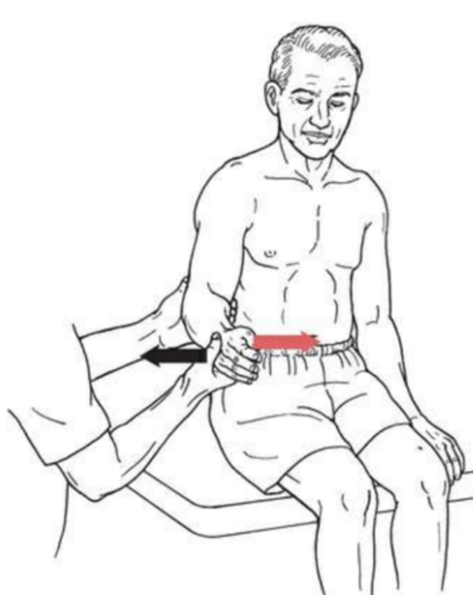 <p>Subscapularis, teres major, pec major (clav), lat dorsi</p><p>Position: sitting, with elbow flexed to 90, neutral hand, </p><p>Instruction: stand in front of pt and ask to pull forearm toward trunk</p><p>3/5: full rom</p><p>4/5: hold against strong resis, some yield is felt</p><p>5/5: hold against max resis</p>