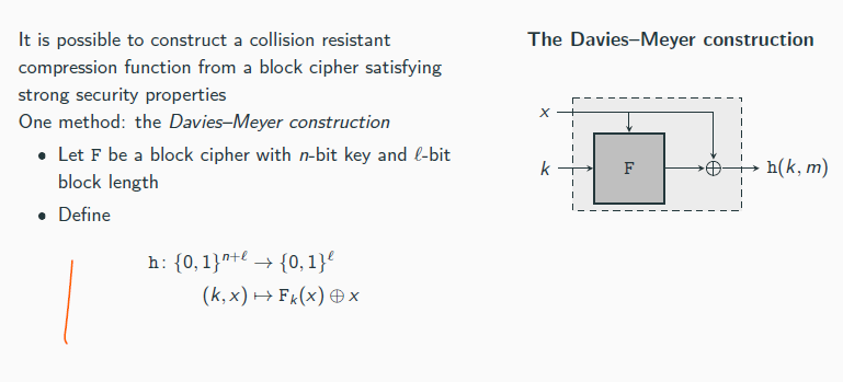 <p> the ideal-cipher model implies . . .</p><p> . . . the absence of related-key attacks</p><p>→ F(k, ·) and F(k′, ·) must behave independently even if k and k′ differ only in a single bit</p><p> . . . that there are no “weak keys”, say, k = 0n for which F(k, ·) is easy to distinguish from random</p><p>Theorem 7.5</p><p>If F is modeled as an ideal cipher, then any attacker making q queries to F or F−1 can find a collision in the Davies–Meyer construction with probability at most q2/2ℓ.</p><p>SHA-2 is currently recommended for collision-resistant hashing</p>