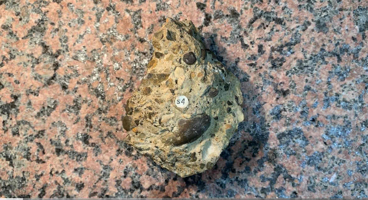 <p>rock and add heat and pressure</p><p>hint: has gravel/big pebbles in it</p>