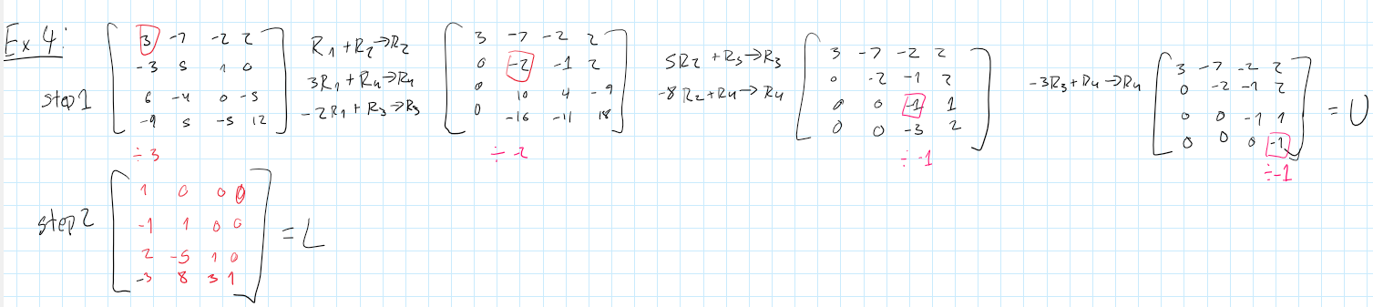 <p>turning a regular matrix into LU form Requires you to first </p><p>Step 1: put the matrix into row echelon form make sure to keep track of each time you eliminate the rest of a column. you have to use ONLY REPLACEMENT. This will give you the upper triangular matrix.<br>Step 2: Place the columns in the L format by taking the pivot column right before reducing the rest of the column to 0s and scale them so 1 is a pivot. This will give you the lower triangular matrix.<br></p>