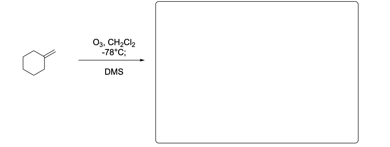 <p>Please write the major product(s) from each reaction. Note that as this is an ozonolysis, there can often be TWO products formed equally.</p>