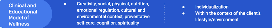 <ul><li><p>used in healthcare</p></li><li><p>bridges the wellness and medical paradigms</p></li><li><p>emphasis on education to empower wellness</p></li><li><p>clinical care and health promotion</p></li></ul><p></p>