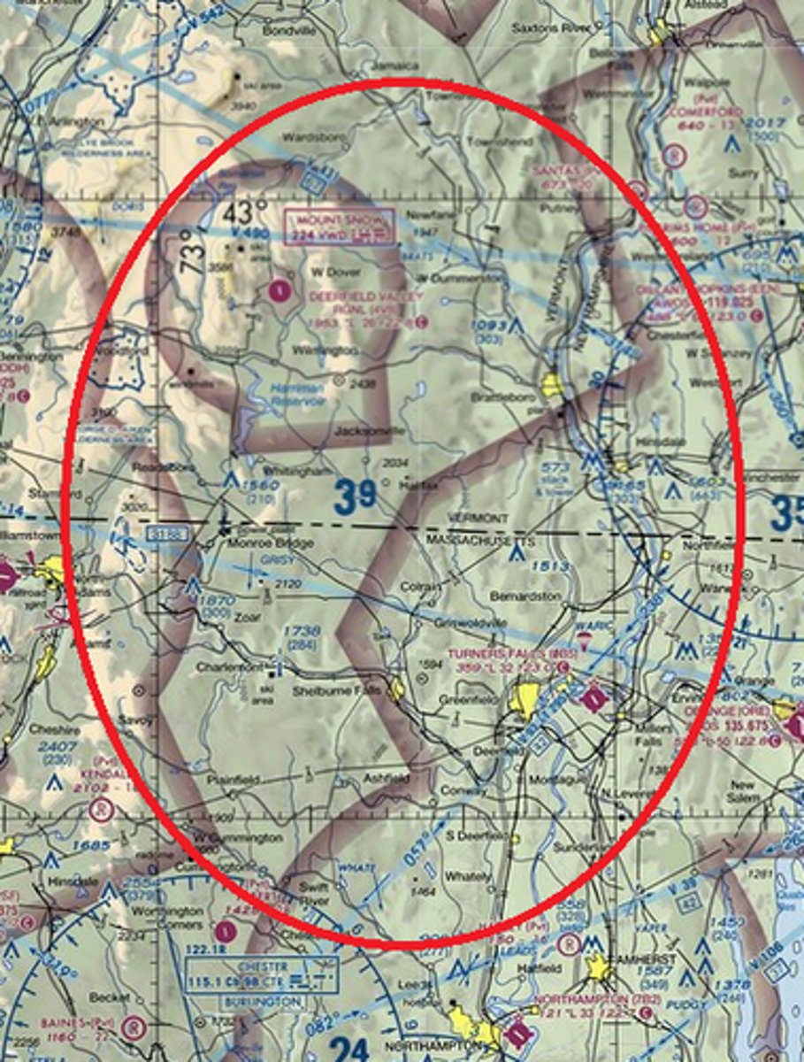 <p>Is 3,500 feet MSL cruise altitude high enough to clear all terrain and towers in the circled quadrangle?</p><p>-yes</p><p>-no</p>