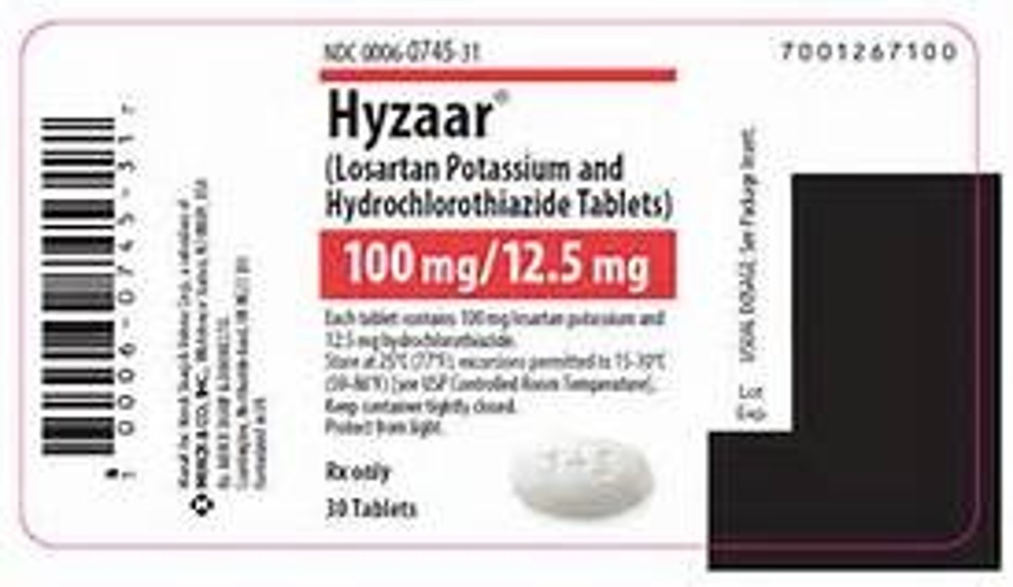 <p>Brand: Hyzaar</p><p>Class: ARB/Thiazide Diuretic</p><p>Drug Interaction: Can increase Digoxin activity</p><p>Indication: Antihypertensive</p><p>Schedule: NCLM</p>