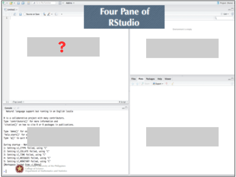 <p><strong>(RStudio)</strong><br>This is used for writing, editing, and saving R scripts or codes before execution.</p>