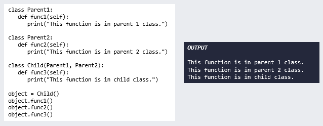 <p>Types of Inheritance:</p><p></p><ul><li><p>When <strong>a class is derived from more than one base class</strong>, this type of inheritance is called <strong>multiple inheritance.</strong></p></li><li><p>In multiple inheritance, all the features of the base classes are inherited into the derived class.</p></li></ul><p></p>