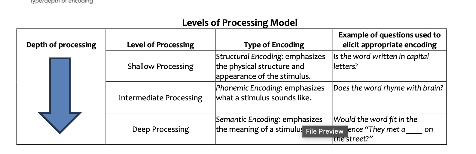 <p>the theory of memory stressing how information is encoded (visually, acoustically, or semantically) regarding the depth of attention involved and its impact on retention and retrieval </p>