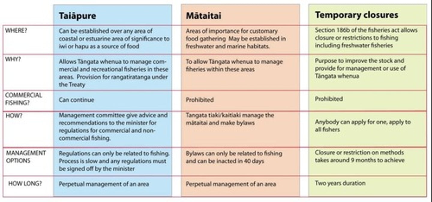 <p>Mātaitai are smaller areas managed by local marae and tangata tiaki, while Taiāpure are larger and require more complex management.</p>