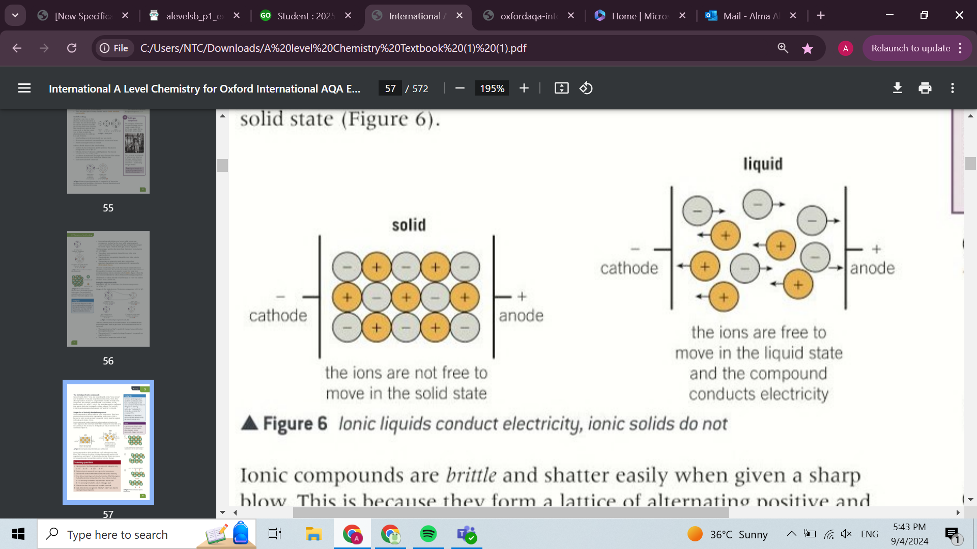 <ul><li><p>brittle because once the lattice structure is disturbed ions with the same charge line up and repel each other </p></li><li><p>solids at room temperature </p></li><li><p>high melting points due to their large structures that require lots of energy to break the ionic bonds </p></li><li><p>conduct electricity when molten or dissolved because the ions are free to move and carry current </p></li></ul><p></p>