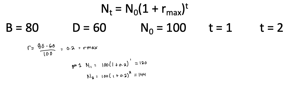 <p>Nt = N0(1+ rmax)^t</p>