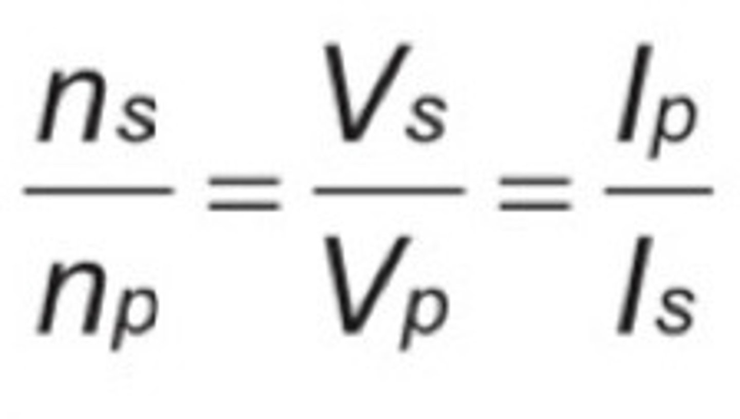 <p>- they are the same, as no power is lost</p><p>P=IV</p><p>P=IpVp</p><p>P=IsVs</p><p>so Vs/Vp = Ns/Np = Ip/Is</p>