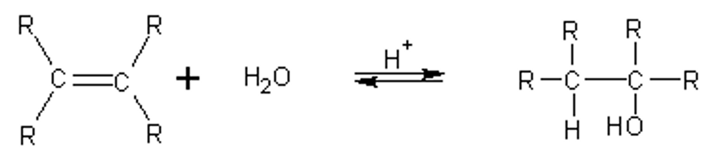 <p>Anti/trans/mark</p><p>Alkene + H2O --H3O+--&gt; alkane alcohol</p><p>Chiral alkene = chiral products; achiral alkene = racemic)</p><p>Carbocation rearrangement</p>