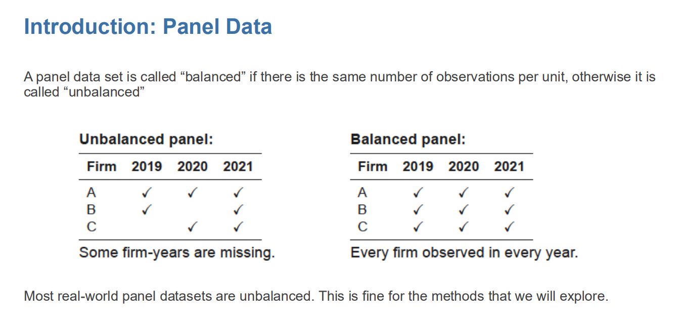 <ul><li><p><strong>Balanced panel:</strong> Every unit observed in every time period.</p></li><li><p><strong>Unbalanced panel:</strong> Some unit-time observations are missing.<br>Most real panel datasets are <strong>unbalanced</strong>.</p></li></ul><p></p>