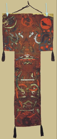 <p>180 BCE, Han Dynasty</p><p>Changsha, China </p><p>painted silk (journey to heaven), yin=left, yang=right, mixture=center</p><p>carried in front of the funeral procession, then draped upon her coffin</p>