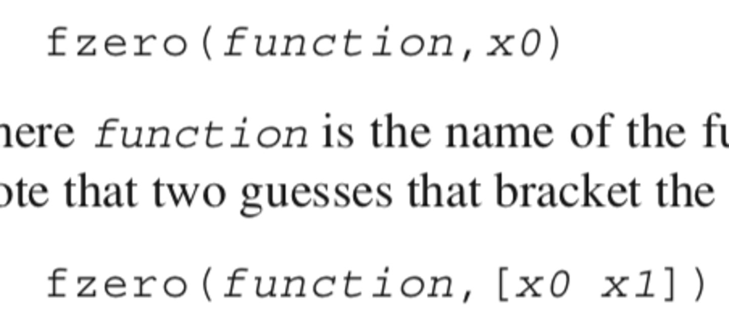 <p>used to find the real root of a single equation. <br><br>takes in the function and an initial guess (open method) <br><br>or two guesses in a vector can also be passed. <br><br><br>(another card tells you more specifics)</p>