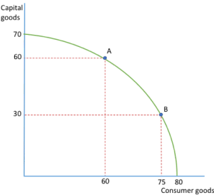 <ul><li><p>straight line PPF is an indication of <mark data-color="purple" style="background-color: purple; color: inherit">perfect sustainability</mark> of capital and labour inputs</p></li></ul><p></p><ul><li><p>moving from A to B, the OC of producing an <mark data-color="purple" style="background-color: purple; color: inherit">extra 15 consumer goods is 30 capital goods</mark></p></li></ul><p></p><ul><li><p>producing 60 capital goods (point A) the OC would be 20 consumer goods</p></li></ul><p></p>