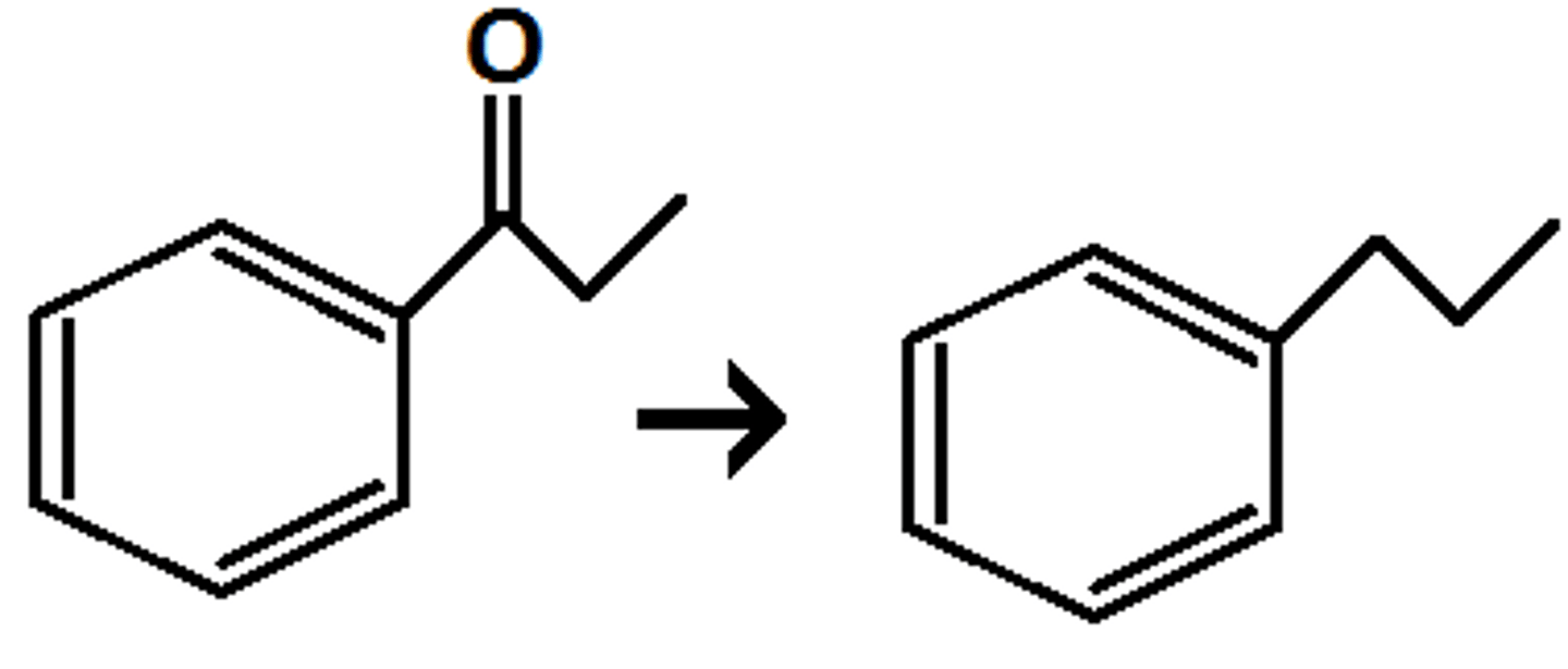 <p>Carbonyl to alkane</p><p>Clemmenson Reduction</p>