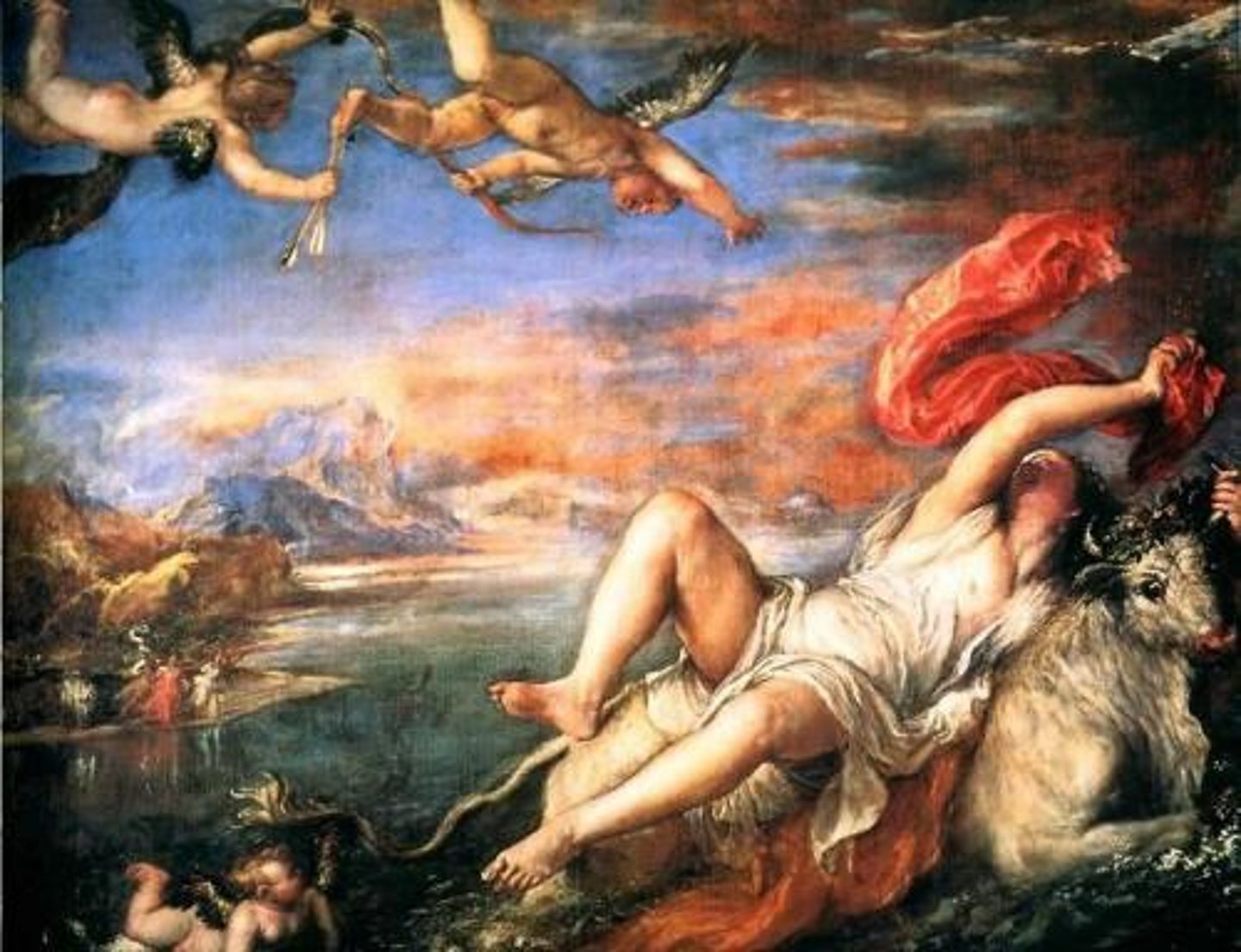 <p>Mythological subject matter</p><p>Soft, painterly quality</p><p>Disegno (drawing, linear style; associated with Florence, Rome)</p><p>Colorito (brushiness, painterly style; associated with Venice)</p>