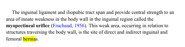<p>The Unifying Concept: The Myopectineal Orifice of Fruchaud</p><p class="ds-markdown-paragraph">The <strong>myopectineal orifice</strong> is a single, <span style="color: blue;">large, weak area in the lower anterior abdominal wall</span>. It is not a literal hole, but a <strong>potential opening</strong> bounded by muscles and ligaments.</p><ul><li><p class="ds-markdown-paragraph"><strong>"Myo-"</strong>: Refers to muscle (specifically, the arching fibers of the internal oblique and transversus abdominis muscles above).</p></li><li><p class="ds-markdown-paragraph"><strong>"Pectineal"</strong>: Refers to the pectineal line (part of the pubic bone) below.</p></li></ul><p class="ds-markdown-paragraph">T<span style="color: blue;">hink of it as the "weak spot" or "window" in your lower abdomen</span>. <span style="color: blue;"><strong>All groin hernias (inguinal and femoral) originate as protrusions through this single orifice.</strong></span> They then<span style="color: blue;"> take different paths through it, which defines their type.</span></p><p class="ds-markdown-paragraph"><u>1. Indirect Inguinal Hernia</u></p><p class="ds-markdown-paragraph">This is the most common type of groin hernia.</p><ul><li><p class="ds-markdown-paragraph"><strong>Etiology (Cause):</strong> <strong>Congenital.</strong> It results from the failure of the <strong>processus vaginalis</strong> (the embryonic tunnel that guided the testis's descent) to close completely after birth.</p></li><li><p class="ds-markdown-paragraph"><strong>Pathway:</strong> The hernia sac enters the inguinal canal by pushing through the <strong>deep (internal) inguinal ring</strong>. This ring is located in the <strong>superolateral</strong> part of the myopectineal orifice.</p></li><li><p class="ds-markdown-paragraph"><strong>Relationship to Inferior Epigastric Vessels:</strong> The sac is <span style="color: blue;"><strong>LATERAL</strong></span> to these vessels.</p></li><li><p class="ds-markdown-paragraph"><strong>Clinical Note:</strong> It can occur at any age but is common in younger people. It follows the path of the spermatic cord and can descend into the scrotum.</p></li><li><p class="ds-markdown-paragraph"><u>2. Femoral Hernia</u></p><p class="ds-markdown-paragraph">This is a less common but clinically important type, more frequent in women.</p><ul><li><p class="ds-markdown-paragraph"><strong>Etiology (Cause):</strong> <span style="color: blue;"><strong>Acquired.</strong> </span>It is due to a weakness in the tissue overlying the <span style="color: blue;"><strong>femoral canal</strong>.</span></p></li><li><p class="ds-markdown-paragraph"><strong>Pathway:</strong> The hernia sac passes <strong>below the inguinal ligament</strong> <span style="color: blue;">through the <strong>femoral canal</strong>.</span> The femoral canal is located in the <strong>inferomedial</strong> part of the myopectineal orifice.</p></li><li><p class="ds-markdown-paragraph"><strong>Relationship to Inferior Epigastric Vessels:</strong> The sac is <u>also </u><strong><u>LATERAL</u></strong><u> </u>to these vessels, <span style="color: blue;">but its path is <em>inferior</em> to the inguinal ligament,</span> which is the key differentiator from an indirect hernia.</p></li><li><p class="ds-markdown-paragraph"><strong>Clinical Note:</strong> Presents as a<span style="color: blue;"> bulge in the upper thigh, below the groin crease.</span> It has a high risk of <strong>strangulation</strong> because the femoral ring is a tight, rigid space.</p></li></ul></li></ul><p></p>