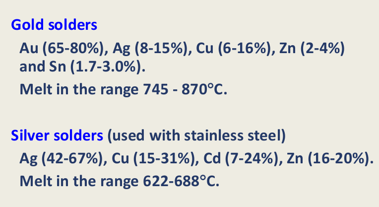 <p><strong><u>Gold</u> </strong>solders</p><p><strong><u>Silver</u></strong> solders - stainless steel&nbsp;</p>