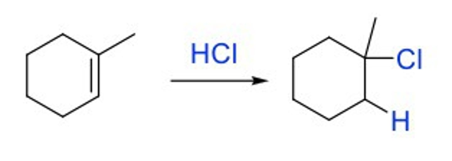 <p>Markovnikov addition of H and Br/I/Cl on each side of double bond</p><p>Look out for hydride shift</p><p>Cl to the more sub., H to the less sub. (more H)</p>