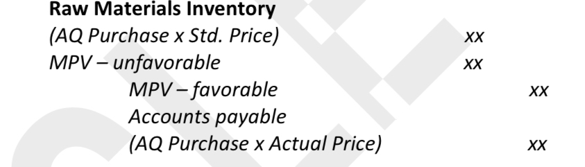 <p>Dr. Raw materials inventory (AQ Purchase x Standard Price)</p><p>Dr. MPV - unfavorable</p><p>Cr. MPV - favorable</p><p>Cr. Accounts payable (AQ Purchase x Actual Price)</p>