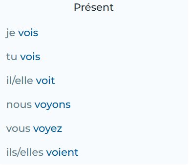 <p>to see; irregular; passe compose: avoir vu </p>