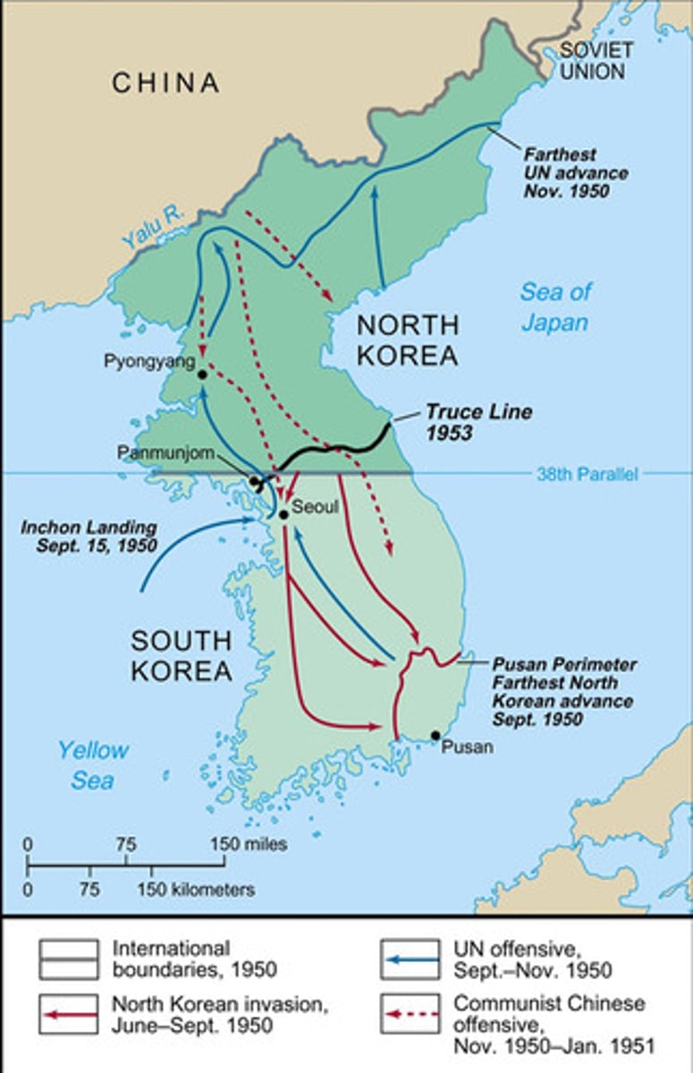 <p>A conflict between UN forces (primarily US and S Korea) against North Korea, and later China; Gen. Douglas Macarthur led UN forces and was later replaced by Gen. Ridgeway; Resulted in Korea remaining divided at the 38th parallel</p>
