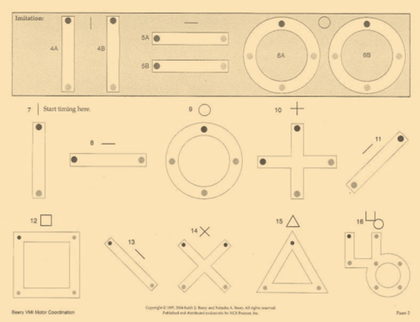 <p>TIMED starting at item #7</p><p>-5 minutes</p><p>-1 pt for drawing inside the lines of the dot shapes, lines can touch edges but not cross over, item 27 and 30 require overlap</p>