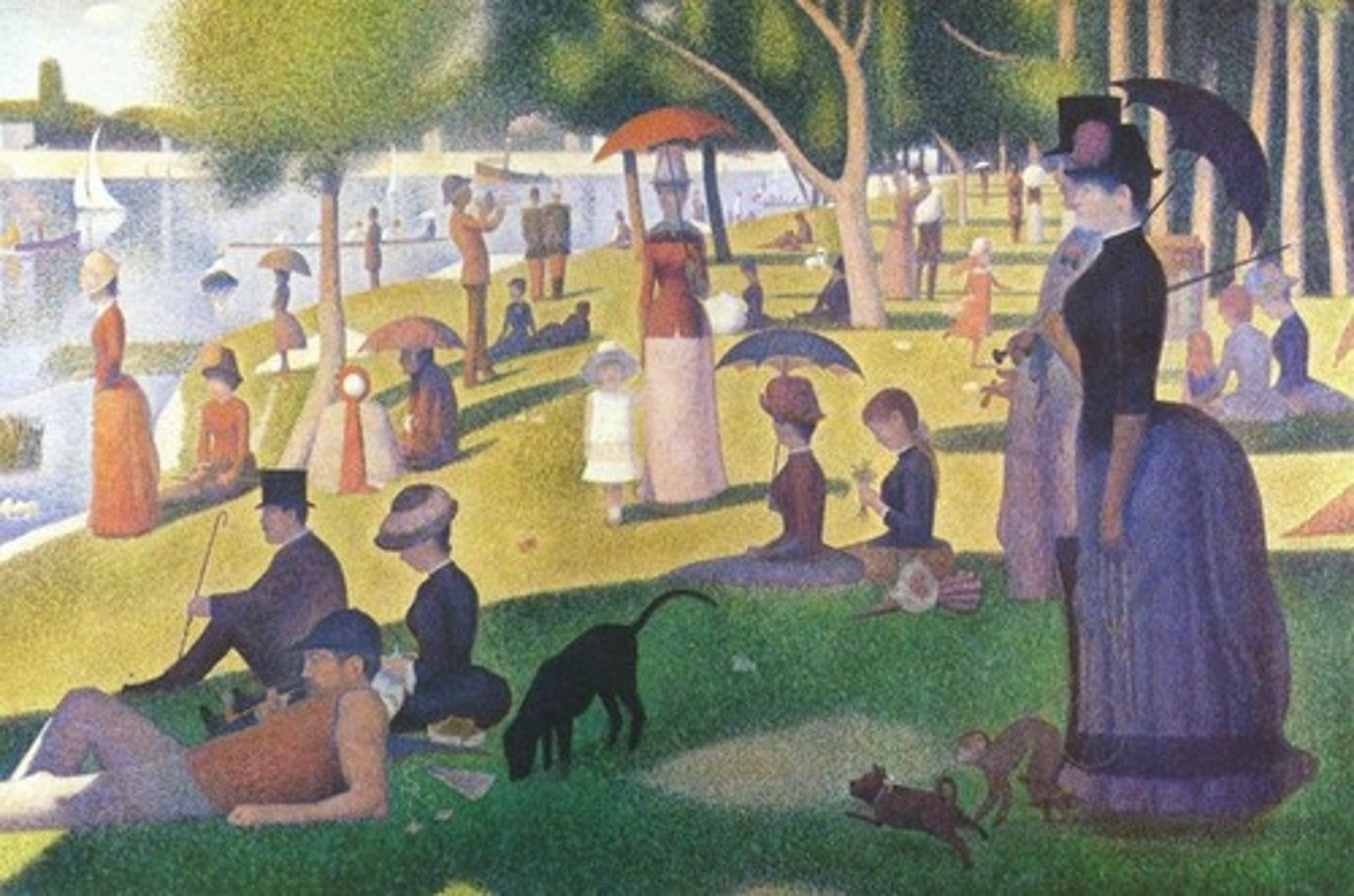 <p>Pointillism involves dividing colors into their component parts and applying those colors to the canvas in tiny dots. This technique draws our attention to the surface. He wanted to depict life in a strictly intellectual way and used pointillism to play with scientific color theory. Light, air, people, and landscape are formal elements in an abstract design in which line, color, value, and shape cohere in a precise and tightly controlled organization.</p>